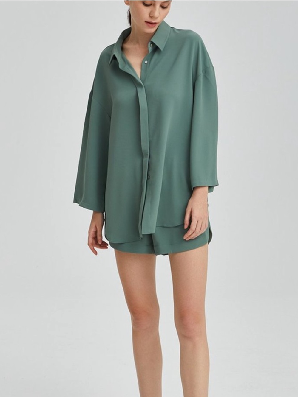 Nap Loungewear Sage Green Turn Down Collar Two-Piece Set Top & Shorts Large